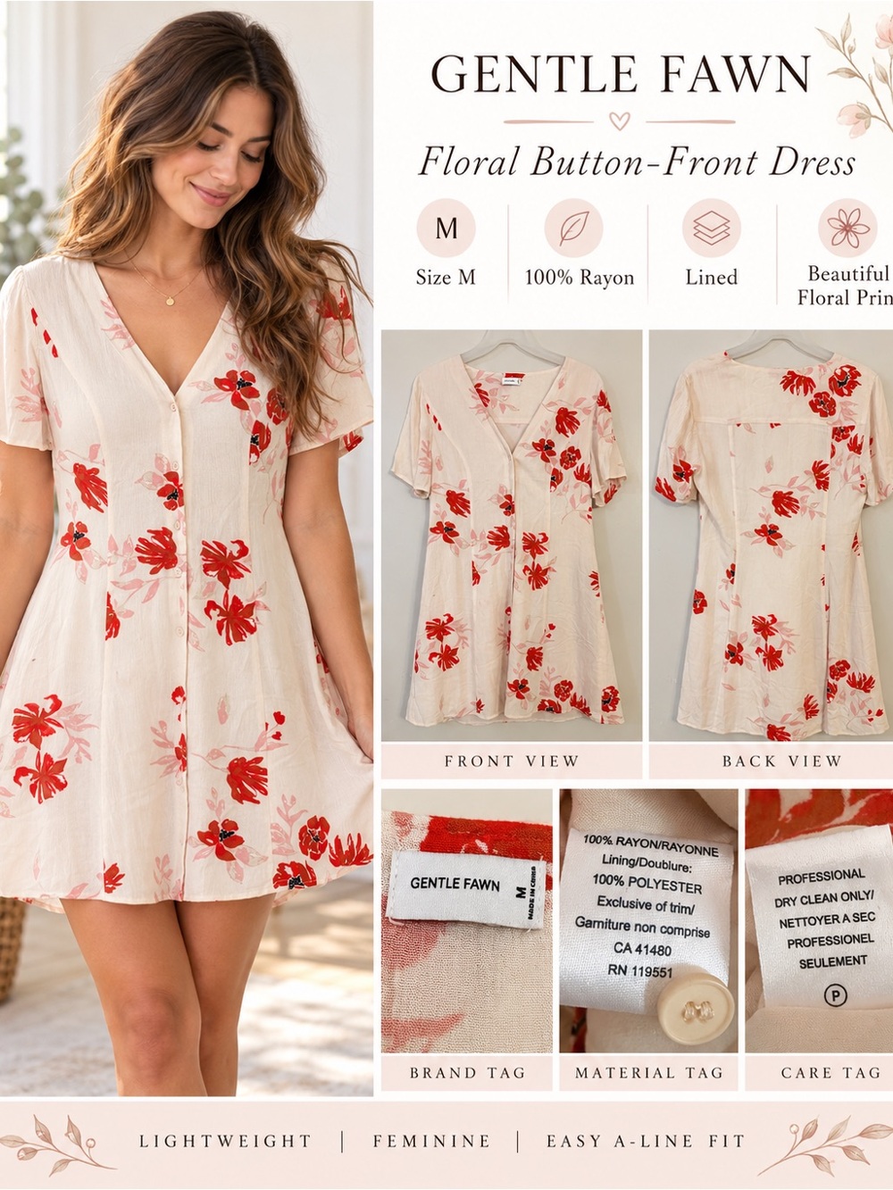 Gentle Fawn Cream Dress with Red Floral Print